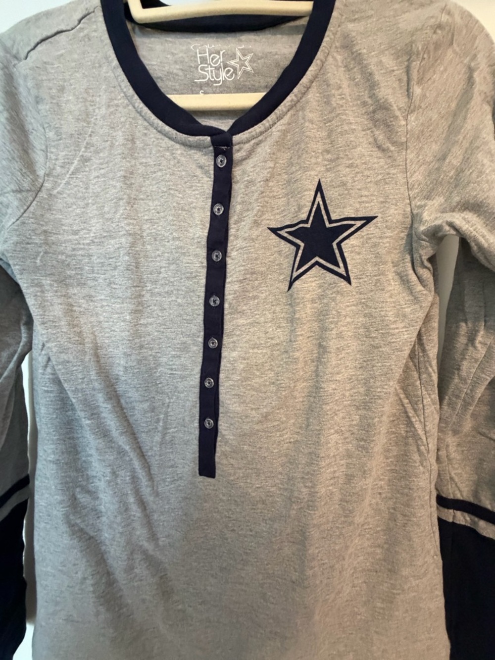 Dallas Cowboys Gray Long-Sleeve Henley Top with Navy Star Detail